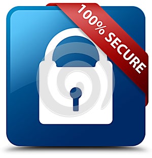 100% secure blue square button red ribbon in corner