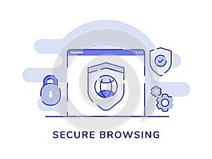 Secure browsing concept internet shield around padlock gear white isolated background with dashed line style