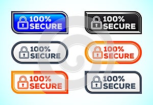 100% Secure button set of different shapes and colors. Suitable for mobile app, and website UI design