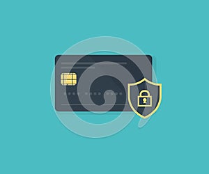 Secure cashless payment via credit card logo design. Plastic card behind shield. Contactless transaction protection, vector design