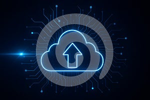 Secure cloud backup concept with glowing upload arrow and circuits