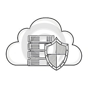 Cloud computing security concept with servers and shield icon digital art
