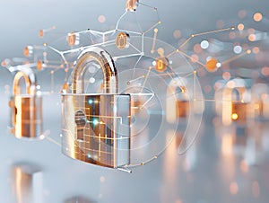 Secure Cloud Computing Infrastructure with Metallic Digital Padlocks and Abstract Encryption Symbols generative ai