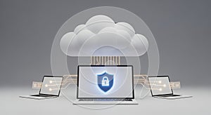 Secure cloud computing network data protection and digital security concept with devices and shield symbol