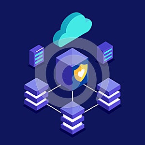 Secure Cloud Computing Network with Data Servers and Shield Icon