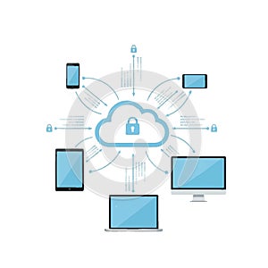 Secure Cloud Computing Network Diagram Connecting Multiple Devices with Data Transfer Icons