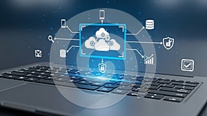 Secure Cloud Computing Network Data Management on Modern Laptop Background