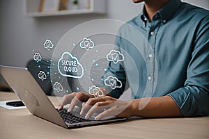 Secure cloud computing services for business data protection man using laptop for cloud technology