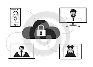 Secure cloud storage black and white 2D illustration concept