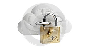 Secure cloud storage concept with padlock and white cloud