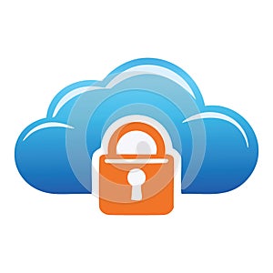 Secure cloud storage symbol. An icon symbolizing safe cloud data storage. The graphic features a padlock placed on a blue cloud,