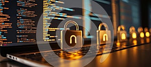Secure Code Development Symbol. Padlock on Programming Code for Software System Security Concept.
