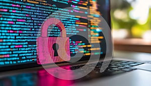 Secure Code Padlock Symbol Over Programming Code on Laptop Screen, Software Security Concept