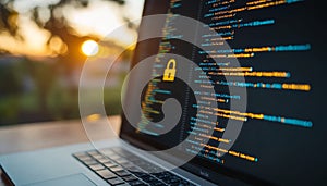 Secure Coding Software Development with Padlock Symbol on Laptop Screen for Cybersecurity Concept