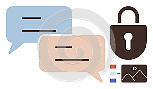 Secure communication with chat bubbles, lock, and data visualization elements