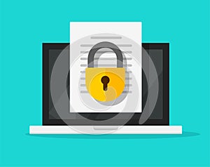 Secure confidential document online access with private lock on laptop computer text file vector flat icon, digital web