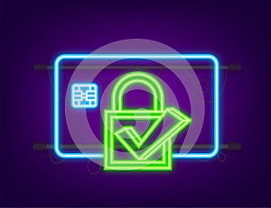 Secure credit card transaction. Payment protection concepts, Secure payment. Neon style. Vector illustration