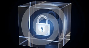 Secure Data Concept: Glowing Lock Inside Transparent Cube
