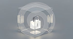 Secure Data Concept: Glowing Lock Inside Transparent Cube