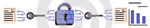 Secure Data Encryption with Binary Padlock, Keys, and Documents Connected in Digital Network