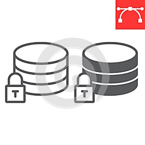 Secure data line and glyph icon, security and computing, database sign vector graphics, editable stroke linear icon, eps