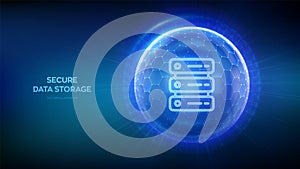Secure Data Storage. Computer server and database storage security. Data center protection. Server hosting. Abstract 3D sphere