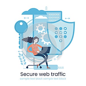 Secure data transmission concept. Access right. Safe file sharing. Protected web traffic. VPN. Analytical traffic assessment.