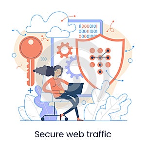 Secure data transmission concept. Access right. Safe file sharing. Protected web traffic. VPN. Analytical traffic assessment.