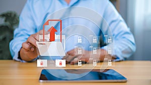 Secure data upload and cloud file sharing concept with businessman touching virtual folder icon