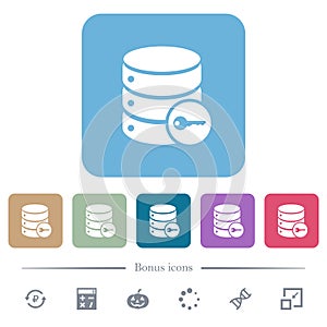 Secure database flat icons on color rounded square backgrounds