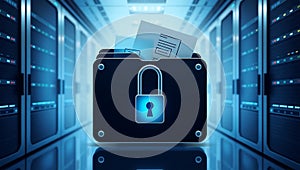 Secure digital data folder with glowing padlock in a server room