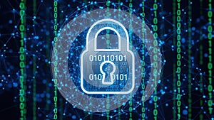 Secure digital lock symbol amidst binary code