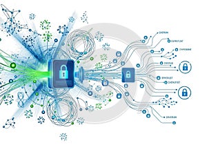Secure digital network protection with glowing data streams and lock icons
