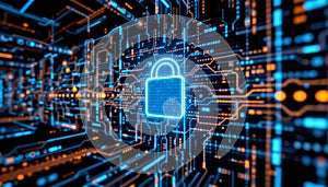 Secure digital network visualization with glowing lock symbol representing data protection
