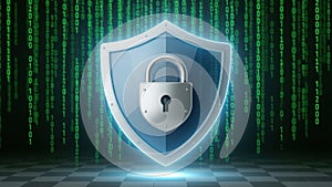 Secure digital shield with lock symbol on binary code background