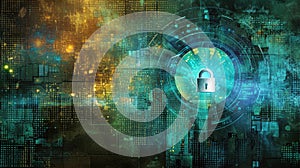 Secure digital world background, cyber padlock in abstract dark data space, protection of computer information. Concept of