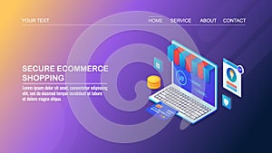Secure ecommerce shopping, secure online payment, computer cyber security, customer data protection, isometric design concept.
