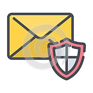 Secure email icon. Safe mobile mail, email sign with shield. Cyber security vector icon