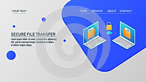 Secure file sharing, cloud data transfer, data protection, file sharing between two computers. Isometric design  concept.