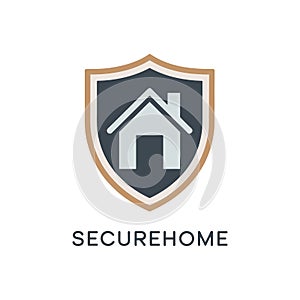 Secure home logo featuring a house icon within a shield emblem representing protection and security concepts