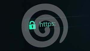 Secure HTTPS connection padlock icon glowing in browser address bar cybersecurity concept