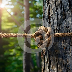 Secure knot binds brown rope to sturdy tree trunk, natures strength