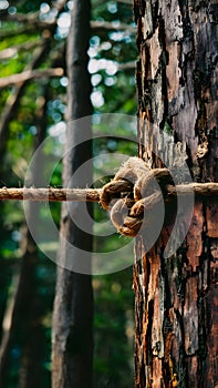 Secure knot binds brown rope to sturdy tree trunk, natures strength