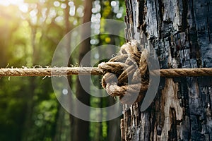 Secure knot binds brown rope to sturdy tree trunk, natures strength