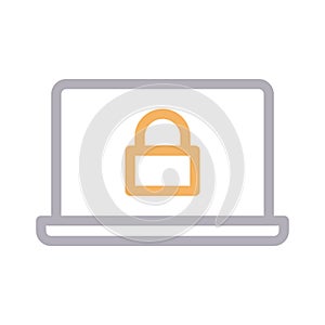 Secure laptop thin color line vector icon