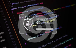 Secure login interface over programming code background, symbolizing cybersecurity, data protection, and encrypted authentication