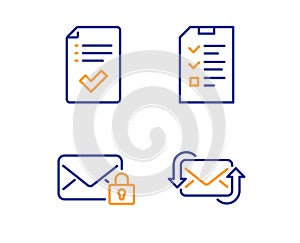 Secure mail, Approved checklist and Interview icons set. Refresh mail sign. Vector