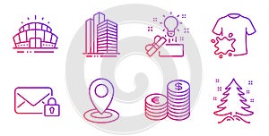 Secure mail, Arena stadium and Dirty t-shirt icons set. Currency, Skyscraper buildings and Location signs. Vector