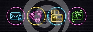 Secure mail, Card and Friends community minimal line icons. For web application, printing. Neon laser 3d lights. Vector