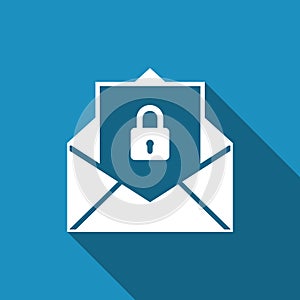 Secure mail icon isolated with long shadow. Mailing envelope locked with padlock